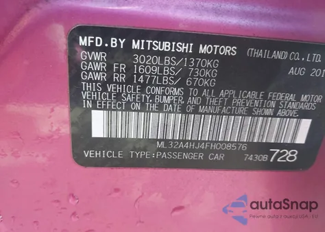 2015 Mitsubishi Mirage Es/Rf from USA, damaged, VIN ML32A4HJ4FH008576